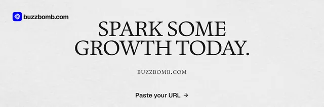 X header for BuzzBomb: "Spark some growth today." Swiss style, smallcaps layout, light palette in white, grey.