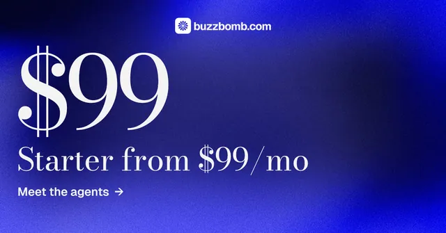 Social ad for BuzzBomb: "One launch. A week of posts." Minimal luxury style, stat layout, dark palette in blue.