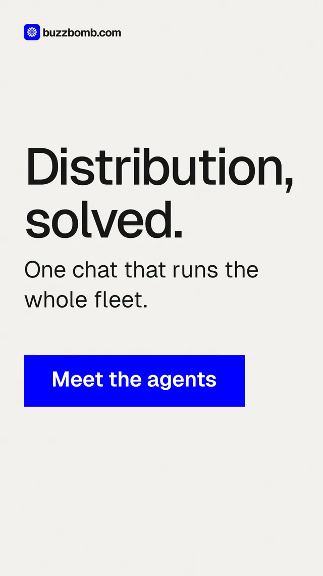 Instagram story for BuzzBomb: "Distribution, solved." Swiss style, skeleton layout, light palette in white, blue.