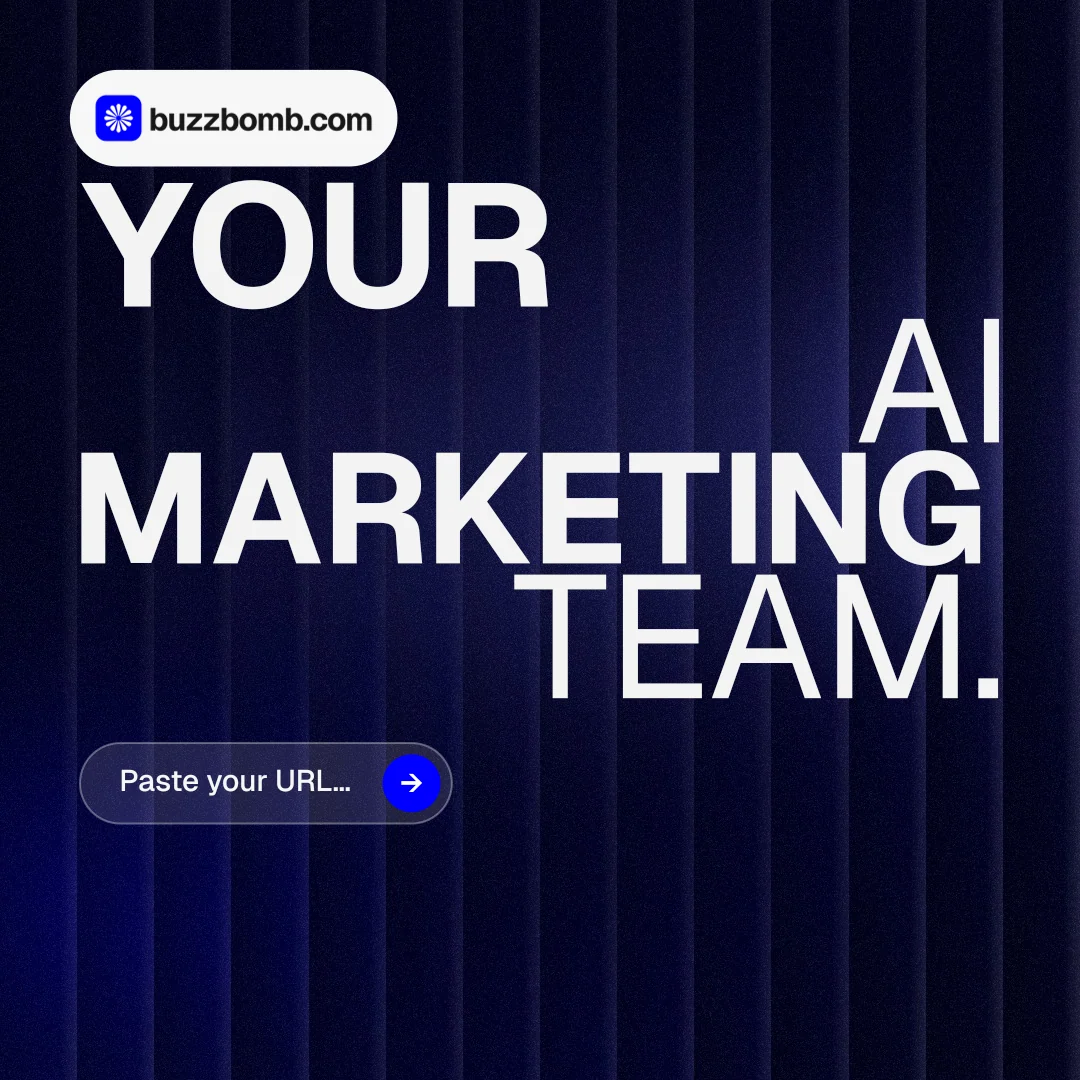 Instagram post for BuzzBomb: "Your AI marketing team." Agentic glass style, stacked layout, dark palette in black, blue, grey.
