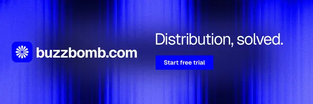 X header for BuzzBomb: "Distribution, solved." Swiss style, logo hero layout, dark palette in blue.