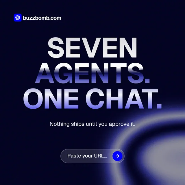 Instagram post for BuzzBomb: "Seven agents. One chat." Agentic glass style, centred layout, dark palette in black, blue.