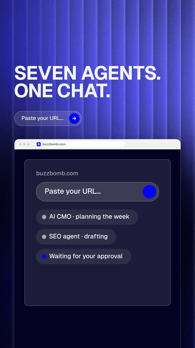 Instagram story for BuzzBomb: "Seven agents. One chat." Agentic glass style, browser layout, dark palette in blue, black.