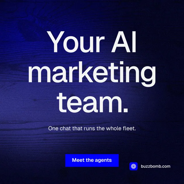 Instagram post for BuzzBomb: "Your AI marketing team." Swiss style, centred layout, dark palette in blue, black.