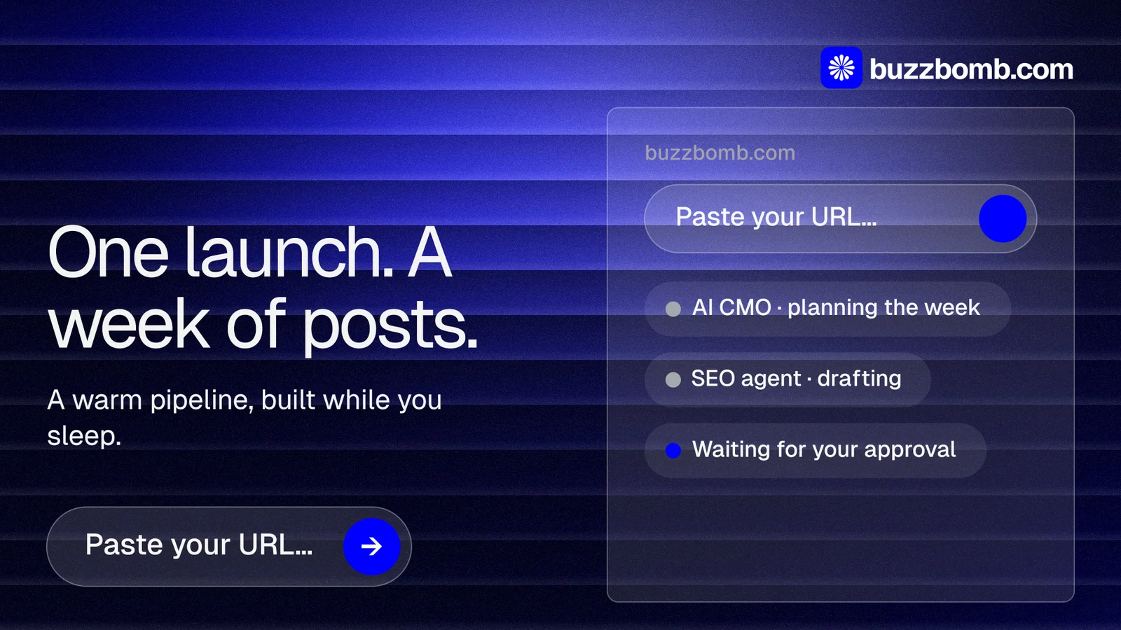 Landscape graphic for BuzzBomb: "One launch. A week of posts." Agentic glass style, bottom layout, dark palette in black, blue.