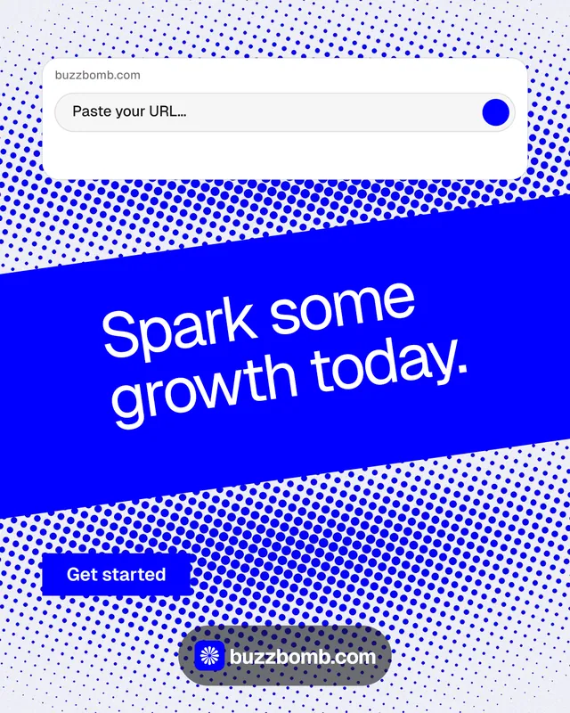 Instagram portrait post for BuzzBomb: "Spark some growth today." Swiss style, diagonal layout, light palette in blue, white.