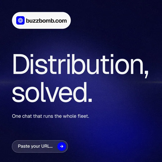 Instagram post for BuzzBomb: "Distribution, solved." Agentic glass style, announce layout, dark palette in blue, black, grey.