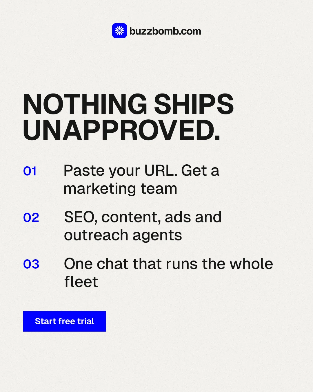 Instagram portrait post for BuzzBomb: "Nothing ships unapproved." Swiss style, numbered layout, light palette in white, grey.