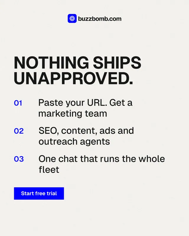 Instagram portrait post for BuzzBomb: "Nothing ships unapproved." Swiss style, numbered layout, light palette in white, grey.