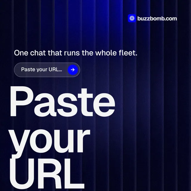 Instagram post for BuzzBomb: "Get a marketing team." Agentic glass style, oversized layout, dark palette in blue, black, grey.