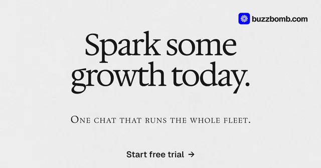Social ad for BuzzBomb: "Spark some growth today." Swiss style, smallcaps layout, light palette in white, grey.