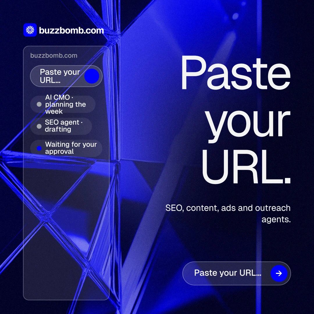 Instagram post for BuzzBomb: "Paste your URL." Agentic glass style, right layout, dark palette in black, blue.