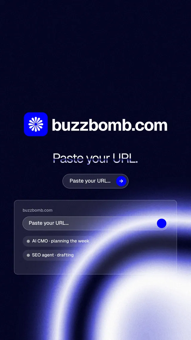 Instagram story for BuzzBomb: "Paste your URL." Agentic glass style, logo hero layout, dark palette in black, blue.