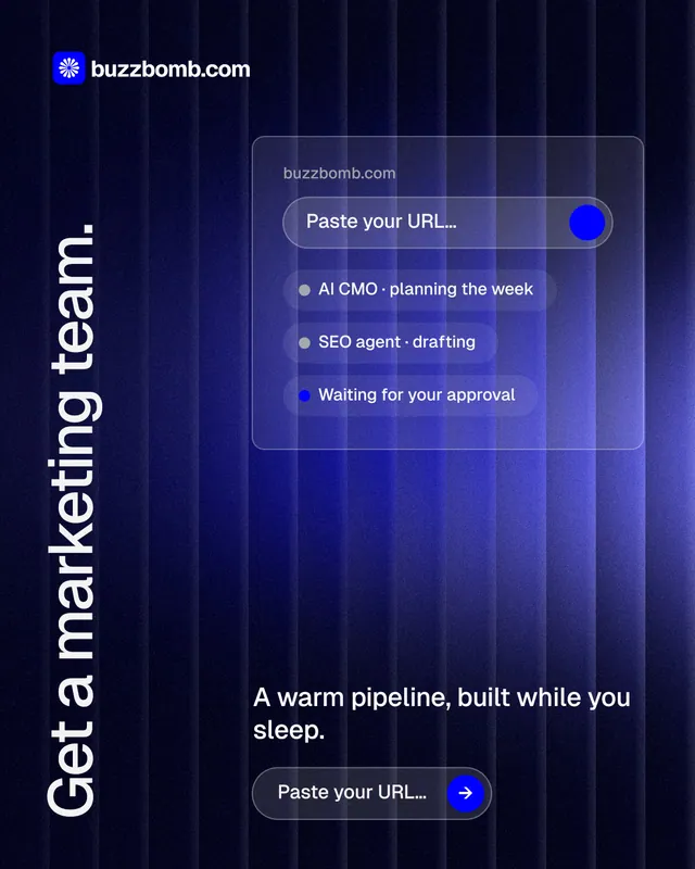 Instagram portrait post for BuzzBomb: "Get a marketing team." Agentic glass style, vertical layout, dark palette in blue, black.