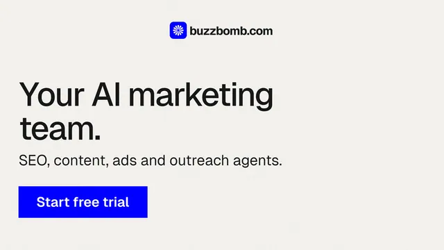 Landscape graphic for BuzzBomb: "Your AI marketing team." Swiss style, skeleton layout, light palette in white, blue.
