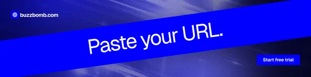 LinkedIn banner for BuzzBomb: "Paste your URL." Swiss style, diagonal layout, dark palette in blue.