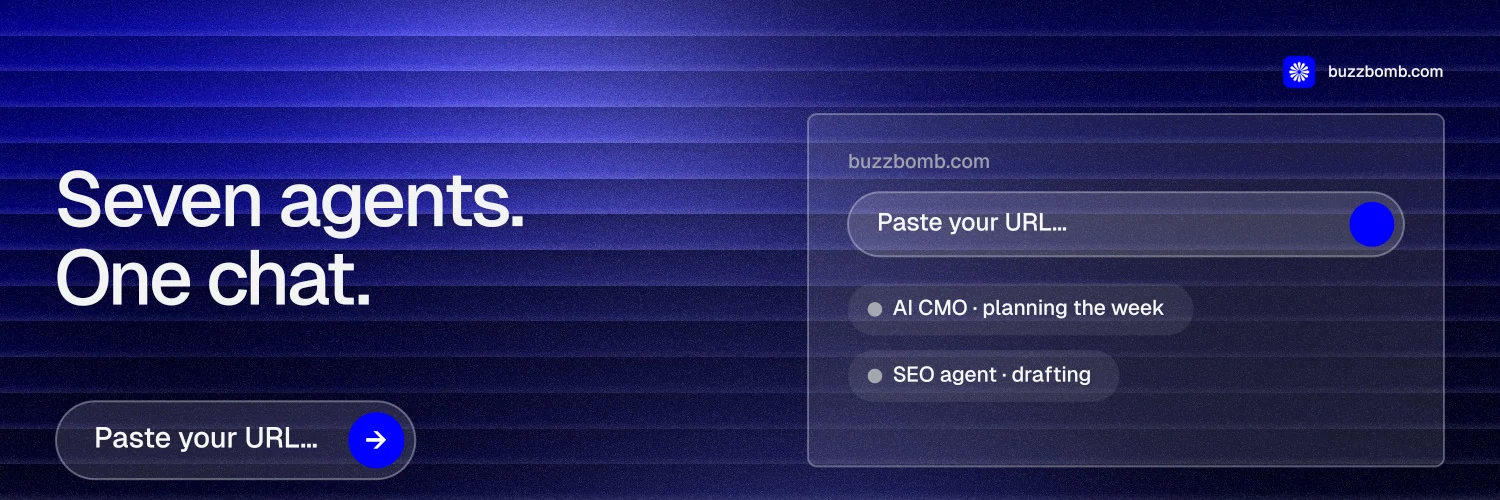 X header for BuzzBomb: "Seven agents. One chat." Agentic glass style, bottom layout, dark palette in blue.