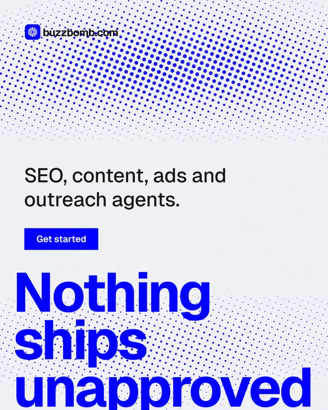 Instagram portrait post for BuzzBomb: "Your AI marketing team." Split block style, oversized layout, light palette in blue, white.
