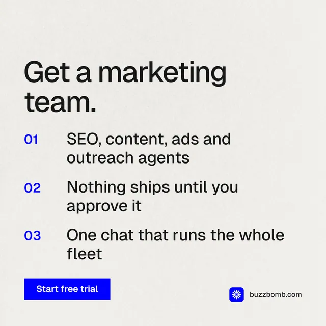 Instagram post for BuzzBomb: "Get a marketing team." Swiss style, numbered layout, light palette in white, grey.