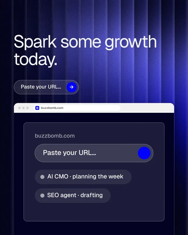 Instagram portrait post for BuzzBomb: "Spark some growth today." Agentic glass style, browser layout, dark palette in blue, black.