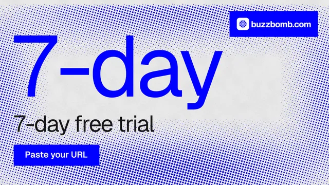 Landscape graphic for BuzzBomb: "Spark some growth today." Swiss style, stat layout, light palette in blue, white.