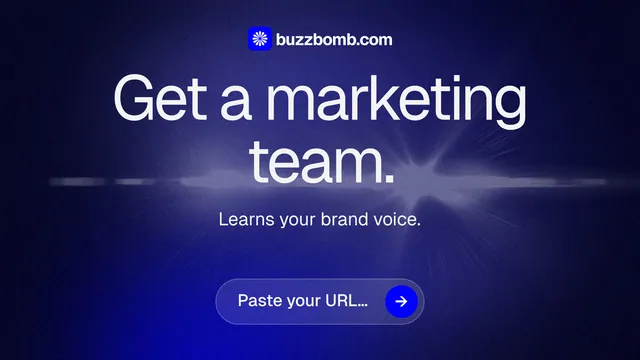 Landscape graphic for BuzzBomb: "Get a marketing team." Agentic glass style, centred layout, dark palette in black, blue.