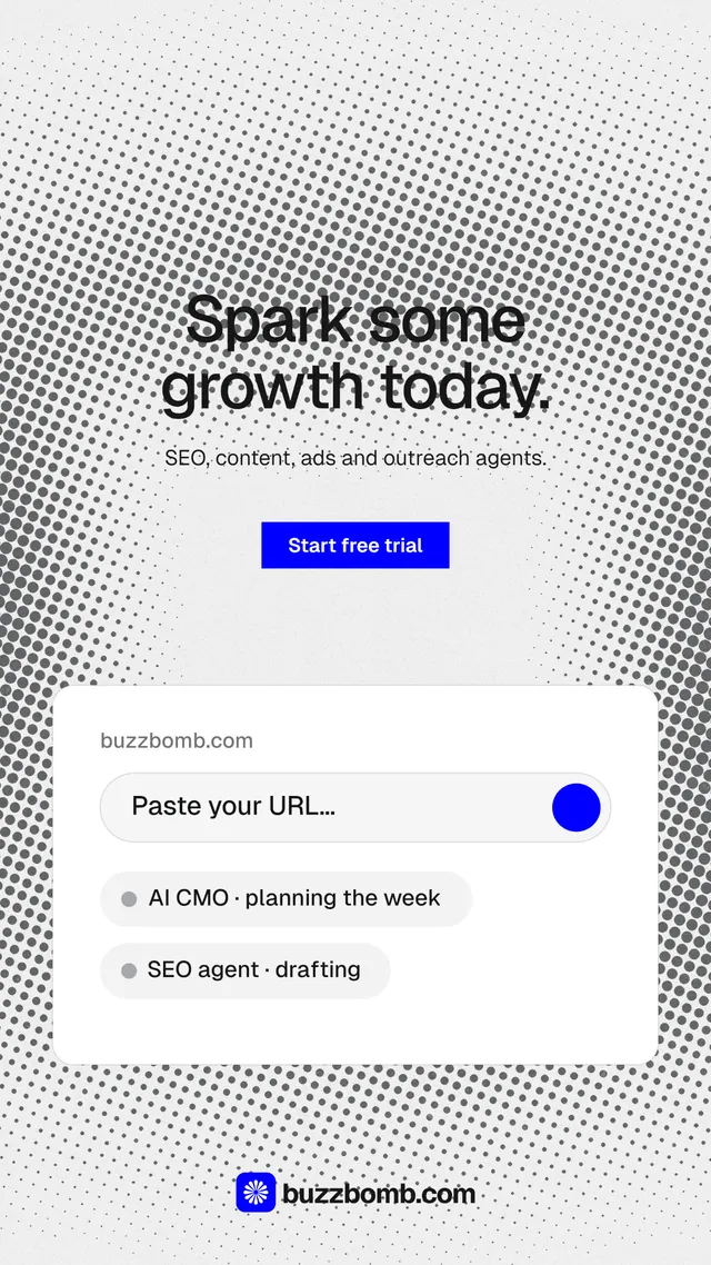 Instagram story for BuzzBomb: "Spark some growth today." Swiss style, centred layout, light palette in white, grey.