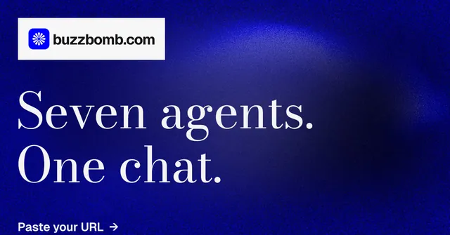 Social ad for BuzzBomb: "Seven agents. One chat." Minimal luxury style, announce layout, dark palette in blue.