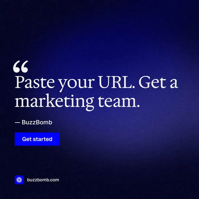 Instagram post for BuzzBomb: "Distribution, solved." Swiss style, quote layout, dark palette in black, blue.