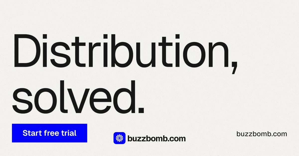 Social ad for BuzzBomb: "Distribution, solved." Swiss style, poster layout, light palette in white, grey.