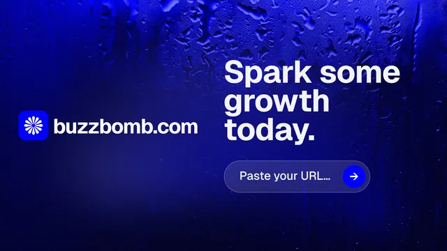 Landscape graphic for BuzzBomb: "Spark some growth today." Agentic glass style, logo hero layout, dark palette in black, blue.