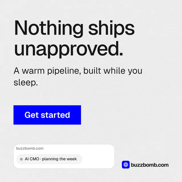 Instagram post for BuzzBomb: "Nothing ships unapproved." Swiss style, skeleton layout, light palette in white, blue.