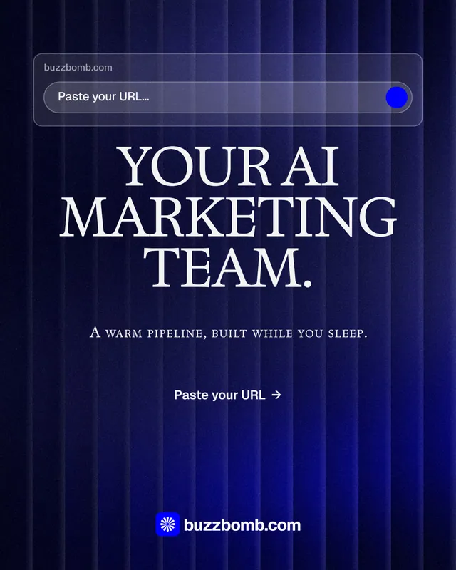 Instagram portrait post for BuzzBomb: "Your AI marketing team." Agentic glass style, smallcaps layout, dark palette in black, blue, grey.