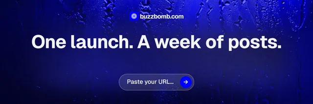 X header for BuzzBomb: "One launch. A week of posts." Agentic glass style, centred layout, dark palette in blue.