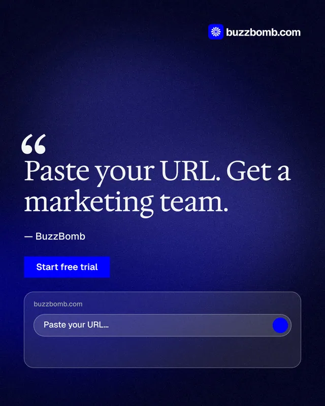 Instagram portrait post for BuzzBomb: "Get a marketing team." Swiss style, quote layout, dark palette in black, blue.