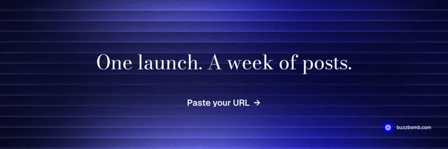 X header for BuzzBomb: "One launch. A week of posts." Minimal luxury style, centred layout, dark palette in blue.