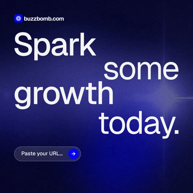 Instagram post for BuzzBomb: "Spark some growth today." Agentic glass style, stacked layout, dark palette in black, blue.