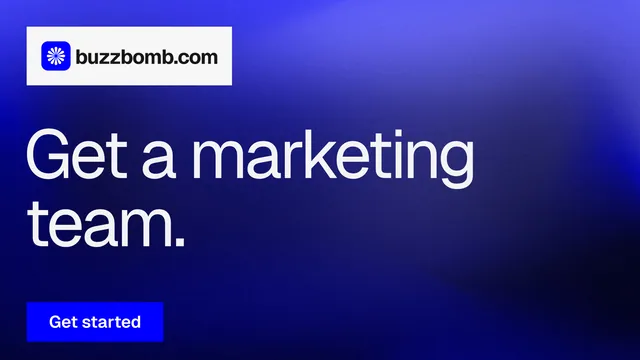 Landscape graphic for BuzzBomb: "Get a marketing team." Swiss style, announce layout, dark palette in blue.