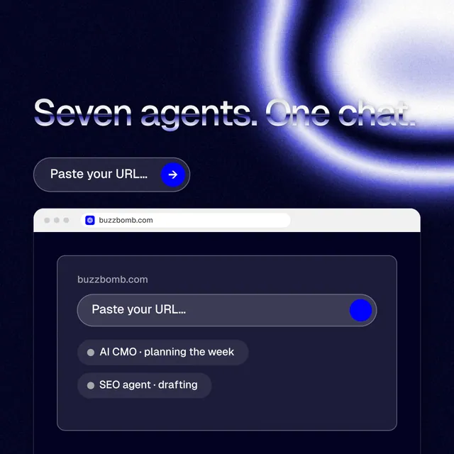 Instagram post for BuzzBomb: "Seven agents. One chat." Agentic glass style, browser layout, dark palette in blue, black.