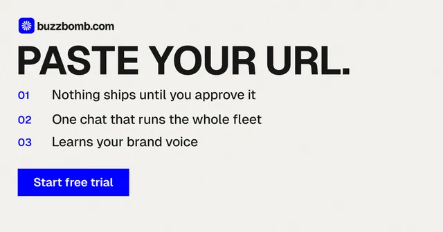 Social ad for BuzzBomb: "Paste your URL." Swiss style, numbered layout, light palette in white, grey.