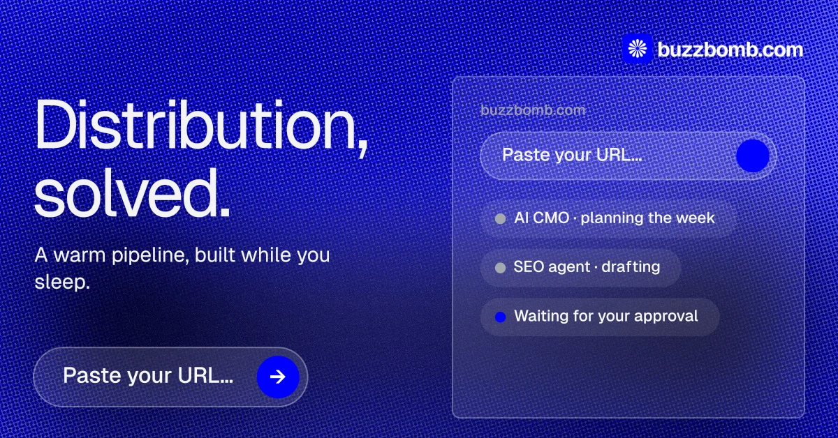 Social ad for BuzzBomb: "Distribution, solved." Agentic glass style, bottom layout, dark palette in blue.