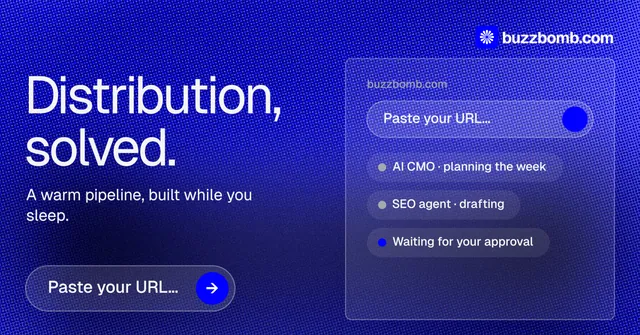 Social ad for BuzzBomb: "Distribution, solved." Agentic glass style, bottom layout, dark palette in blue.