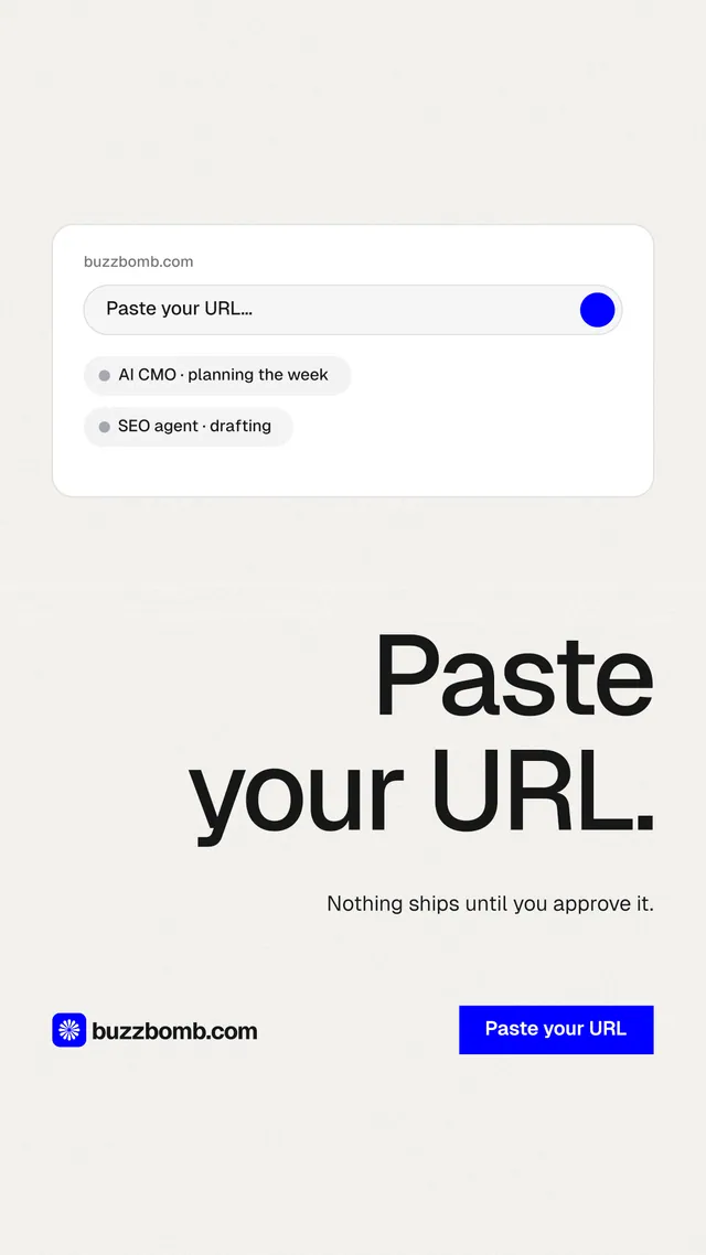 Instagram story for BuzzBomb: "Paste your URL." Swiss style, right layout, light palette in white.