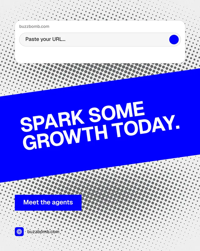 Instagram portrait post for BuzzBomb: "Spark some growth today." Swiss style, diagonal layout, light palette in blue, white.