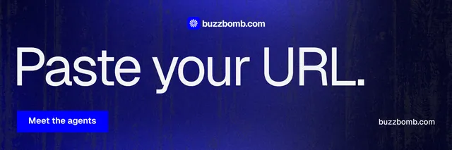 X header for BuzzBomb: "Paste your URL." Swiss style, poster layout, dark palette in black, blue.