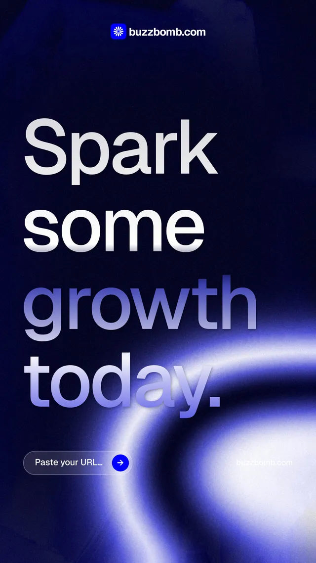Instagram story for BuzzBomb: "Spark some growth today." Agentic glass style, poster layout, dark palette in blue, black.