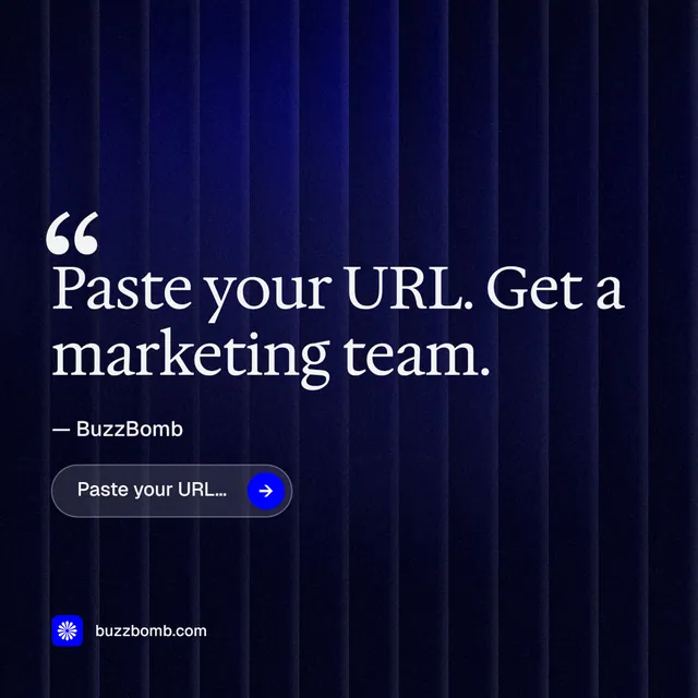 Instagram post for BuzzBomb: "Get a marketing team." Agentic glass style, quote layout, dark palette in black, blue.