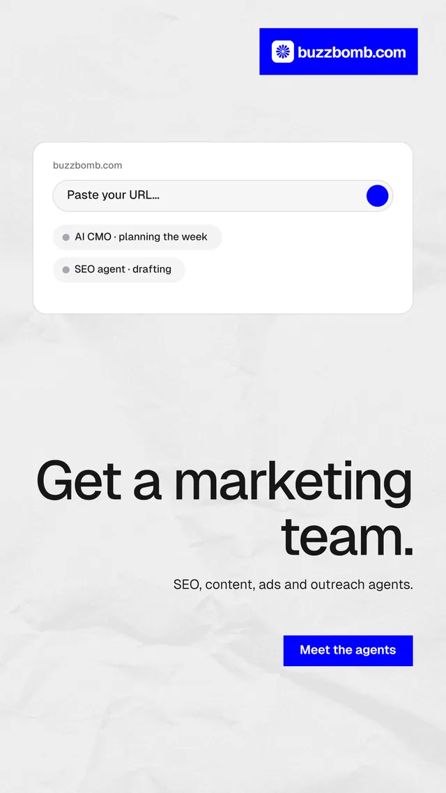 Instagram story for BuzzBomb: "Get a marketing team." Swiss style, right layout, light palette in white, blue.