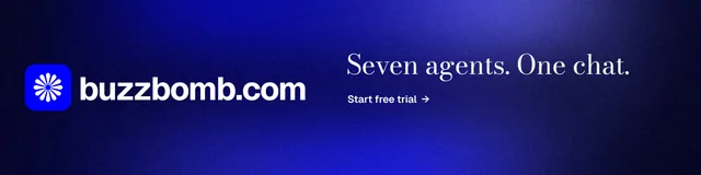 LinkedIn banner for BuzzBomb: "Seven agents. One chat." Minimal luxury style, logo hero layout, dark palette in black, blue.