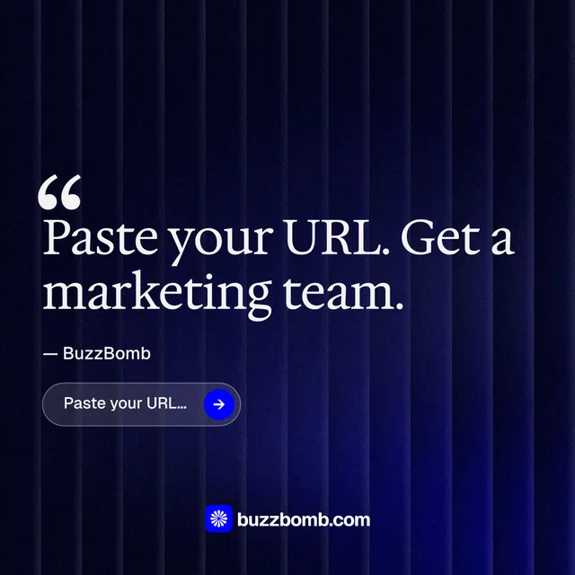 Instagram post for BuzzBomb: "Get a marketing team." Agentic glass style, quote layout, dark palette in black, blue.